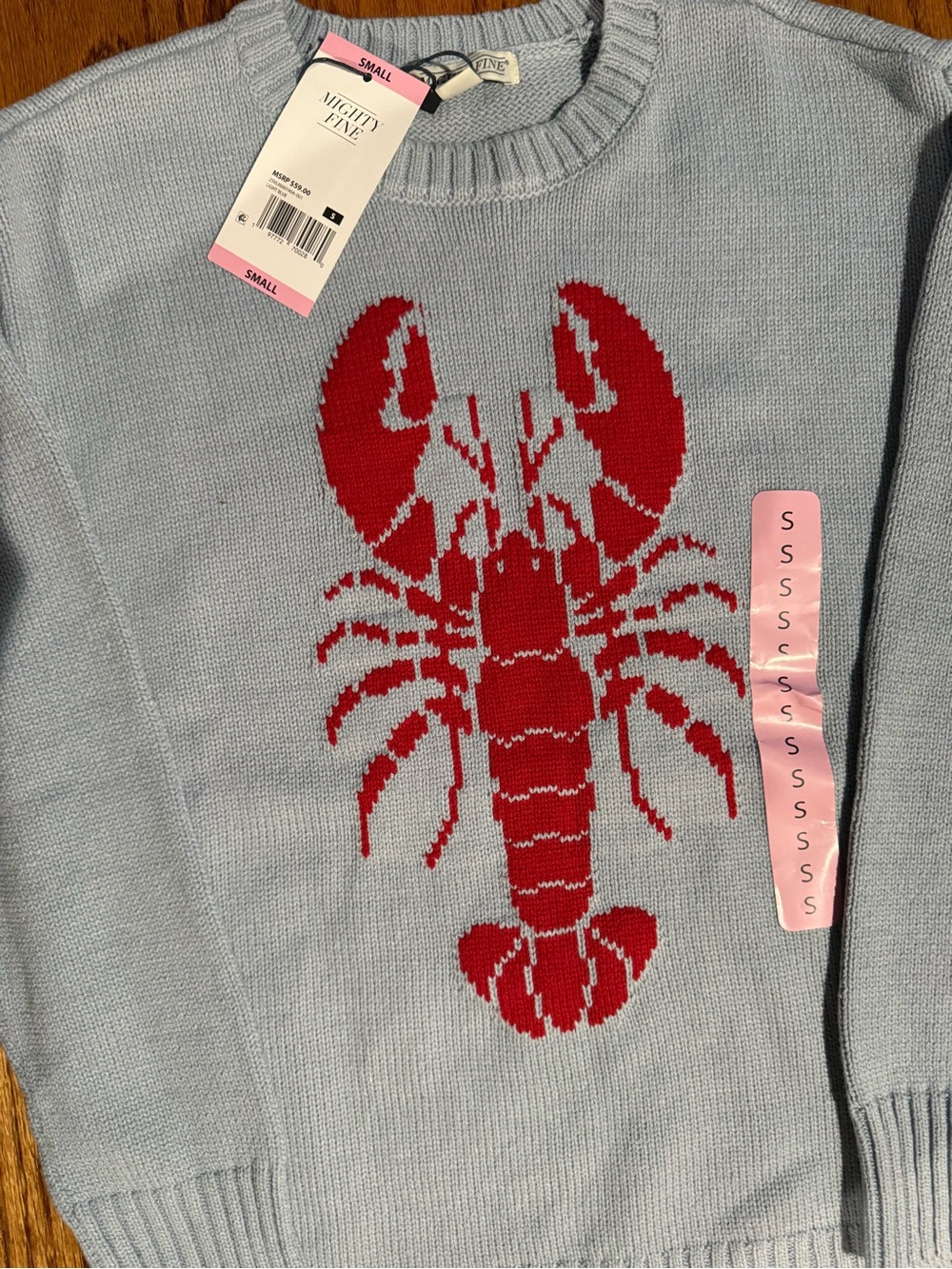 Light Blue Women’s Crewneck Sweater with Red Lobster Motif - Picture 2 of 4